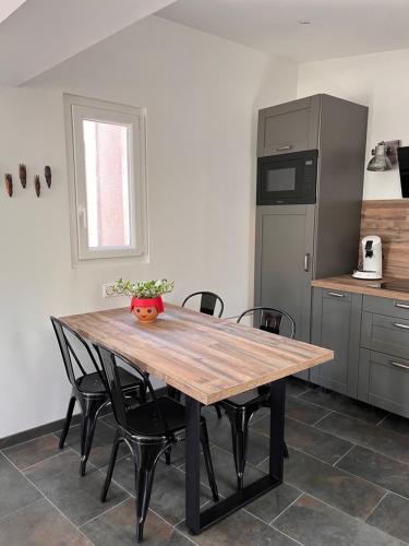 a kitchen with a wooden table with chairs and a refrigerator at Maisonnette indépendante avec jardin/patio in Nîmes