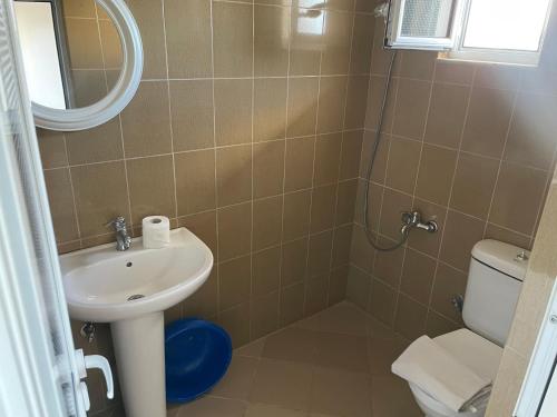 a bathroom with a sink and a toilet and a mirror at Vila Bashkim in Ksamil