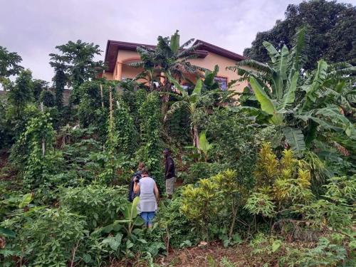 a group of people walking up a hill in front of a house at Spring Hill in Limbe