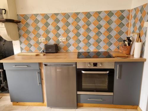 - une cuisine avec un comptoir et une cuisinière four supérieur dans l'établissement Pauls Barn Gite, à Nantiat