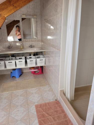 a woman taking a picture of a bathroom at Gite le Nid de l'Erdre in La Pouëze
