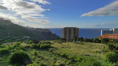 a view of a city with the ocean in the background at Big Room at Villa Lila in Puerto de la Cruz