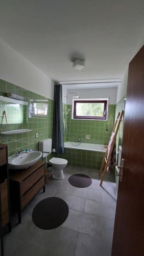a bathroom with a sink and a toilet and a tub at Fewo Silberborn - Weserbergland (Fam. Oehler) in Holzminden