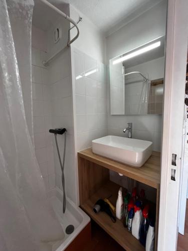 a bathroom with a sink and a mirror and a shower at Plein Sud By Bellavista - 400 m de la plage - terrasse - parking in Argelès-sur-Mer