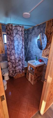 baño con pared de piedra, aseo y lavamanos en Cabañas castro chiloe en Punahuel