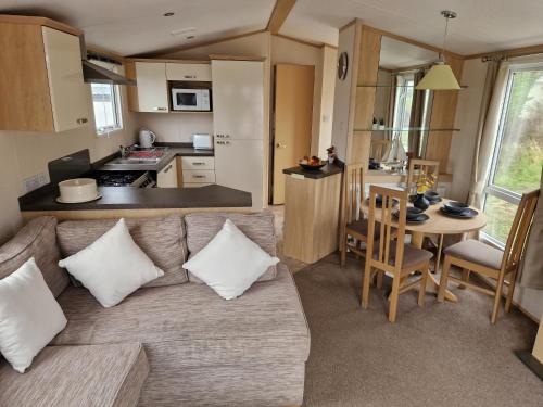 ein Wohnzimmer mit einem Sofa und einer Küche in der Unterkunft Harries Lodge 2 Aberaeron in Aberaeron