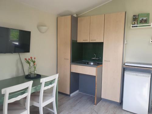 a kitchen with a table and a sink and a refrigerator at Eysingastate in Rinsumageest