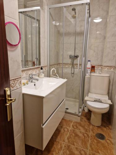 a bathroom with a shower and a sink and a toilet at Apartamento Muy Amplio, con WiFi y a 12 Minutos del Centro in Gijón