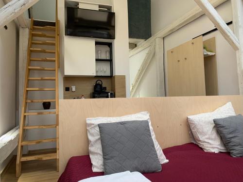a room with a bed and a ladder and a bunk room at Hotel Desatero in Mikulov