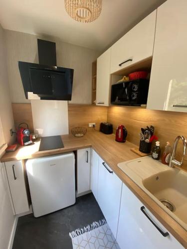 une cuisine avec un évier et un plan de travail dans l'établissement T2 au cœur d’Aurillac, à Aurillac