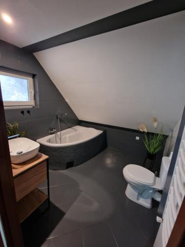 a bathroom with a tub and a toilet and a sink at Apartamenty Pod Sosnami Ostróda Międzylesie 6os in Ostróda