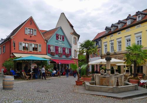 een straat in een stad met kleurrijke gebouwen bij Ihr Bett mit Blick auf die Weinberge in Bad Dürkheim