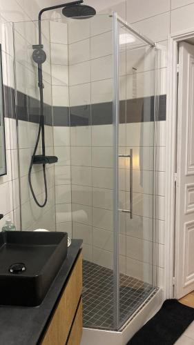 une douche en verre dans une salle de bain avec un lavabo dans l'établissement Studio opéra paris, à Paris