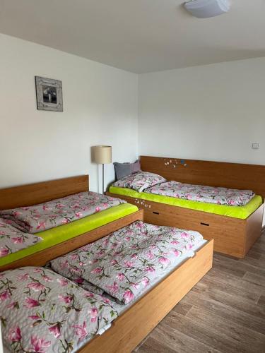 drie bedden in een kamer met bij Chaloupka Hluboká - Family holidays in South Bohemia in Hluboká nad Vltavou