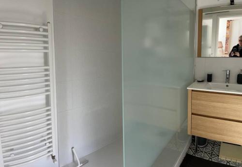 bagno bianco con lavandino e specchio di La Martinière a Saint-Martin-sur-Oust