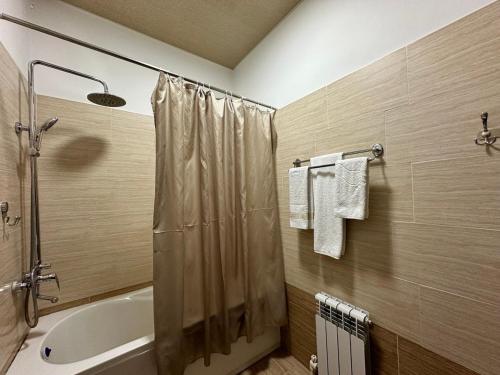 a bathroom with a shower and a tub and a sink at Aral in Nukus