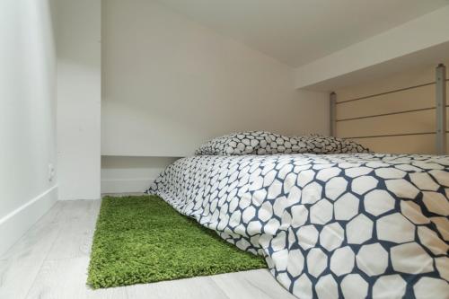 een slaapkamer met een bed met een groen tapijt bij Maisonnette à Clichy in Clichy