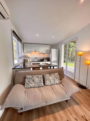 un salon avec un canapé et une cuisine dans l'établissement Cottage chaleureux avec jacuzzi en pleine nature, à Grasse