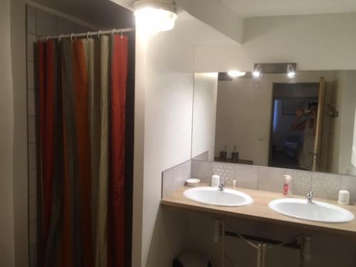 La salle de bains est pourvue de 2 lavabos et d'un rideau de douche. dans l'établissement maison typique cévenole avec jardin, à Mialet