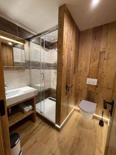 a bathroom with a shower and a toilet and a sink at Penzion Brnenka in Špindlerův Mlýn