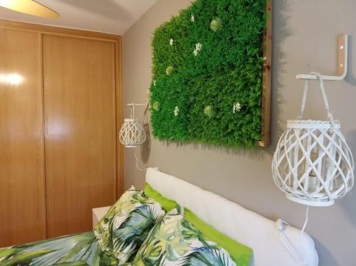 a green wall with a plant on the wall at Sol de Poniente in Salamanca