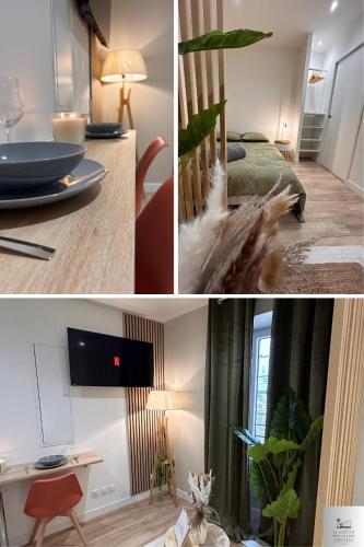 - deux photos d'une chambre avec un lit et une table dans l'établissement Le Cocon Citadin, à Millau