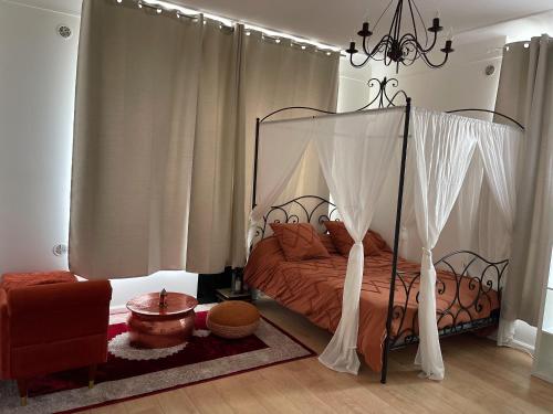 1 dormitorio con 1 cama con dosel en Appartement avec Balneo - Casa casbah en Saint-Ouen