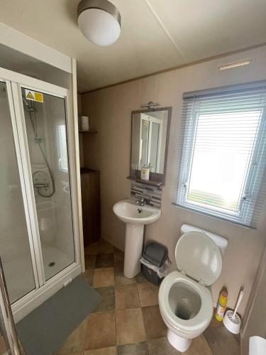 a bathroom with a toilet and a sink and a shower at Breaks on the Lakes in Tattershall