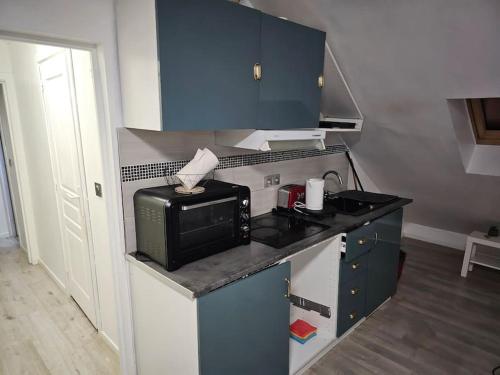 een keuken met blauwe kasten en een magnetron op een aanrecht bij Appartement meublé , 1 chambre in Magnanville