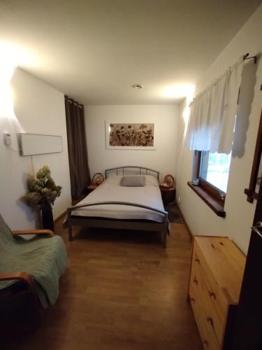 - une chambre avec un lit et une fenêtre dans l'établissement Uroczysko Ludwinowo na Podlasiu, à Łuka