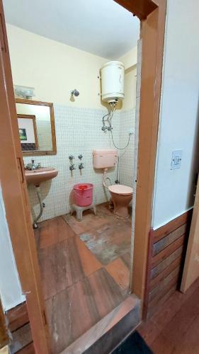 a bathroom with a pink toilet and a sink at Hotel Jubilant Manali in Manāli