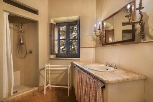 a bathroom with a sink and a shower and a mirror at Borgo di Camporsevoli in Camporsevoli