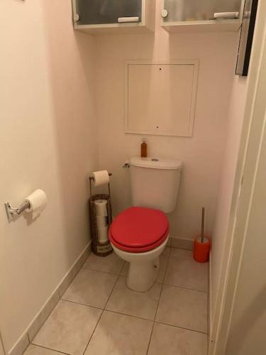 La salle de bains est pourvue de toilettes et d'un couvercle rouge. dans l'établissement Appartement Stade de France, à Saint-Denis