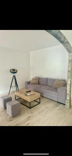 - un salon avec un canapé violet et une table basse dans l'établissement Appartement T4 centre Tarbes, à Tarbes
