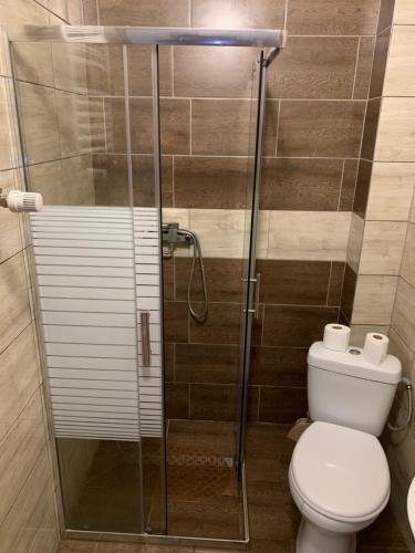 a bathroom with a toilet and a glass shower at Zajazd Jagoda Pokoje i Restauracja 
