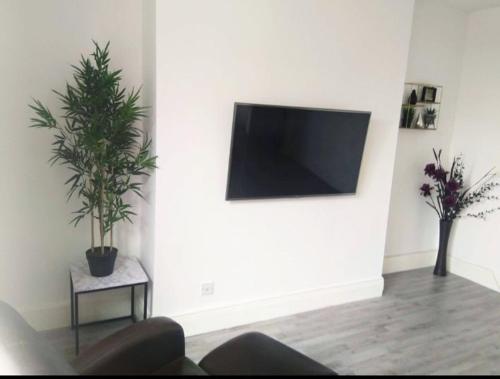 a living room with a couch and a tv on a wall at Cambois Elegance Beta in Cambois