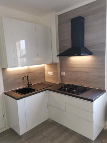 a kitchen with a sink and a stove top oven at Bologna Holiday House in Bologna
