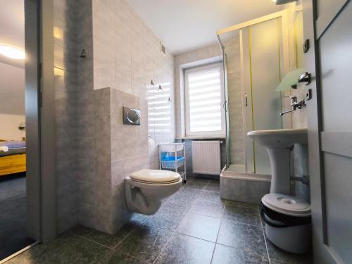 ein Badezimmer mit Toilette und Waschbecken in der Unterkunft Mikolaj in Białogóra