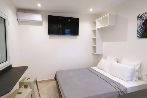 a white room with a bed and a tv at Studio pour 2 personnes proche de l'hôpital et du jardin de l'état in Saint-Denis