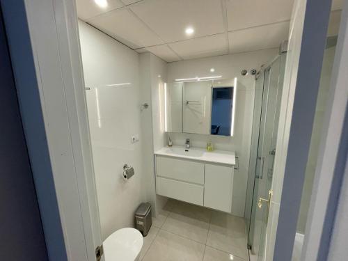 a bathroom with a sink and a toilet and a mirror at Apartment Monserrate K atico in Torrevieja