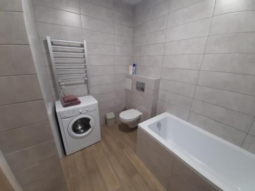 een badkamer met een wasmachine en een toilet bij LUXURY apartment in the City Center with a terrace in Mukacheve