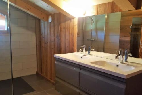 a bathroom with a sink and a mirror at Le Chalet de Bequi in Bellefontaine