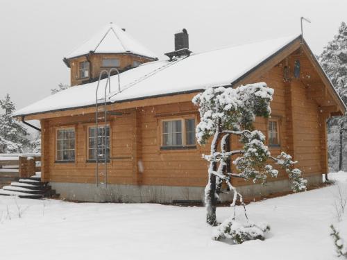a wooden cabin with snow on the roof at Tornvillan in Hammarland