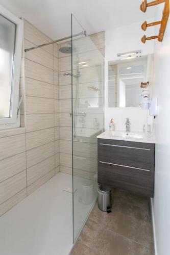 une salle de bain avec une douche en verre et un lavabo dans l'établissement Le cœur de l'eau, à Vittel