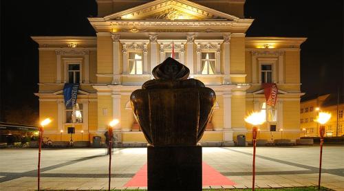 a statue in front of a building at night at Centar 1 in Karlovac