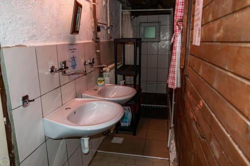 ein Bad mit 2 Waschbecken in einem Zimmer in der Unterkunft Home Puščava in Kranj