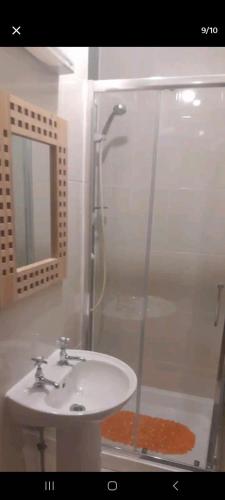 ein Bad mit einem Waschbecken und einer Dusche in der Unterkunft Atlantic lodge in Ahnagh Cross