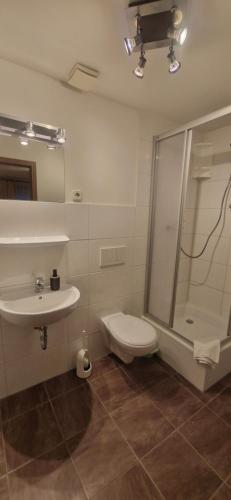 a bathroom with a shower and a toilet and a sink at BusinessHotel Mühlenbeck in Mühlenbeck