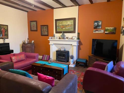 a living room with couches and a tv and a fireplace at Beautiful Charente Home with swimming pool in Marcillac-Lanville