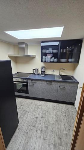 a kitchen with a sink and a stove at Ferienwohnung am Schwanenteich in Bad Klosterlausnitz